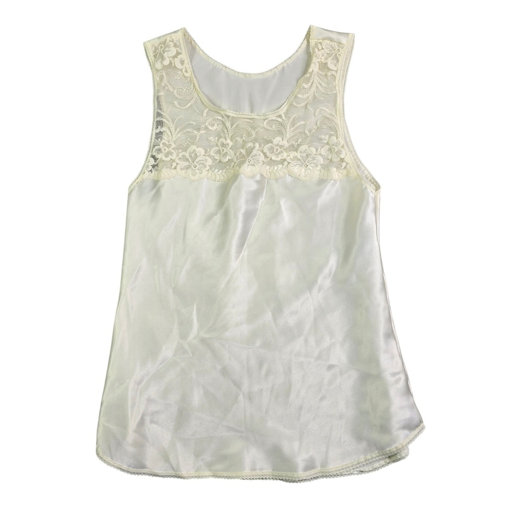 Vintage 70s Maidenform Camisole‎ Women 32 Small Ivory Satin Lace Trim Cami Tank